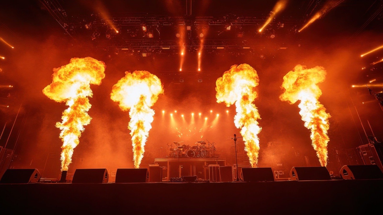 Concert stage erupting with synchronized flame effects