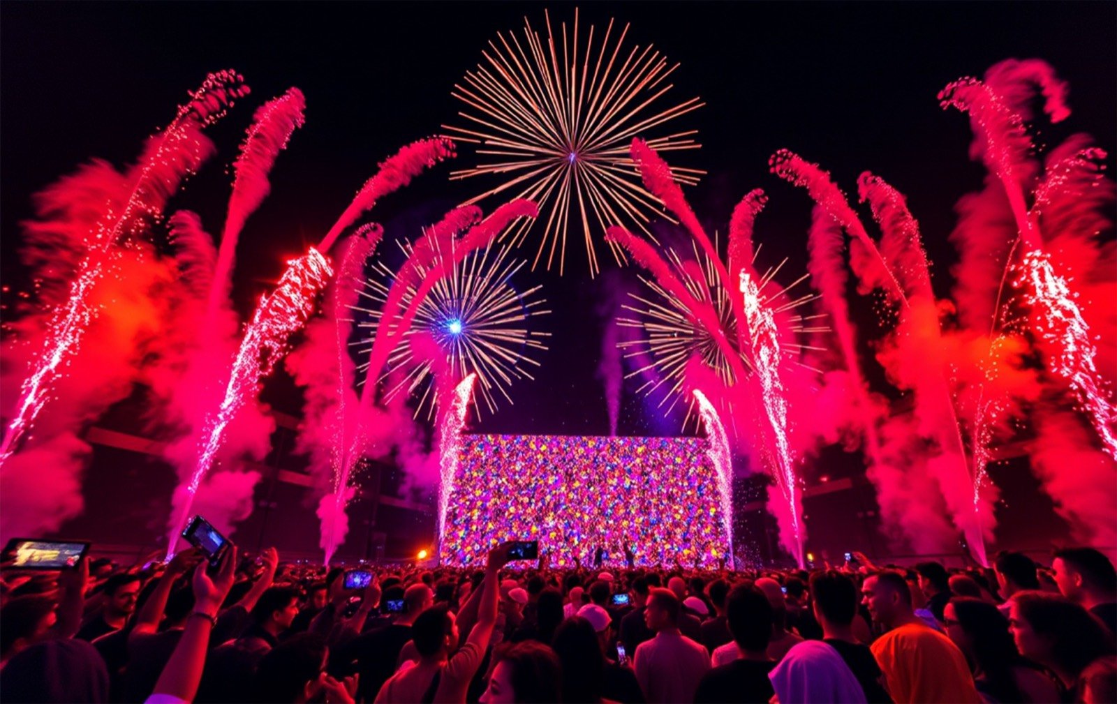 Fireworks and sparkling effects illuminating a midnight crowd